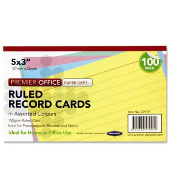 Record Cards Packet of 100 5" x 3" Ruled  Colour